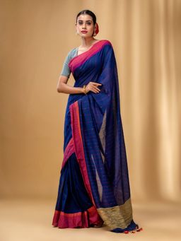 CHARUKRITI - All-Over Sequin Weaving Blue Handwoven Saree with Gheecha Pallu with Unstitched Blouse