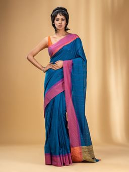CHARUKRITI - All-Over Sequin Cobalt Blue Handwoven Saree with Gheecha Pallu with Unstitched Blouse