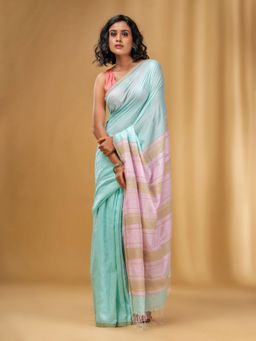 CHARUKRITI - Sea Green Handwoven Soft Saree with Stripe Pallu In Pink and Beige with Unstitched Blouse