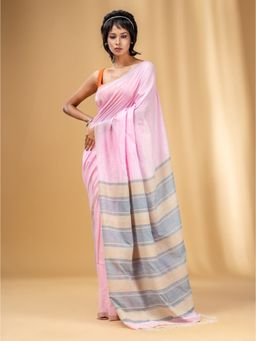 CHARUKRITI - Baby Pink Handwoven Soft Saree with Stripe Pallu In Grey and Beige with Unstitched Blouse