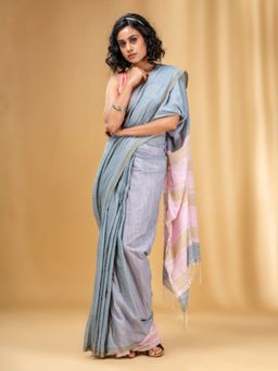 CHARUKRITI - Grey Handwoven Soft Saree with Stripe Pallu In Pink and Beige with Unstitched Blouse