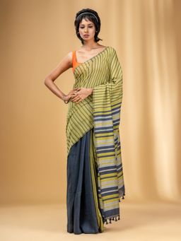 CHARUKRITI - Lime Green and Grey Cotton Handwoven Half N Half Stripe Saree with Unstitched Blouse