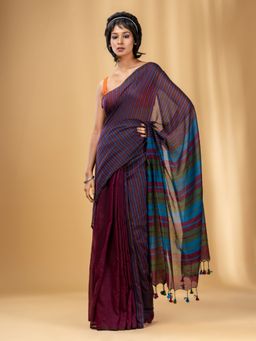 CHARUKRITI - Sangria Cotton Handwoven Half N Half Saree with Stripe Pattern with Unstitched Blouse