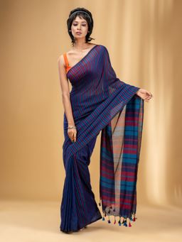 CHARUKRITI - Blue Cotton Handwoven Half N Half Saree with Stripe Pattern with Unstitched Blouse