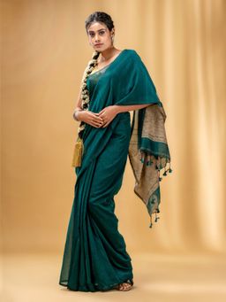 CHARUKRITI - Teal Cotton Handwoven Soft Saree with Gheecha Pallu with Unstitched Blouse