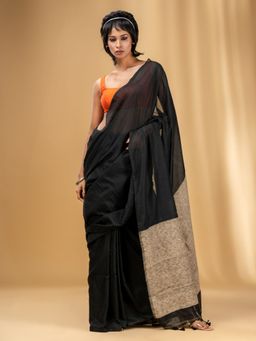 CHARUKRITI - Black Cotton Handwoven Soft Saree with Gheecha Pallu with Unstitched Blouse