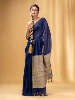 CHARUKRITI - Blue Cotton Handwoven Soft Saree with Gheecha Pallu with Unstitched Blouse