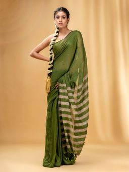 CHARUKRITI - All-Over Sequin Weaving Sap Green Handwoven Gheecha Stripe Saree with Unstitched Blouse