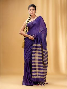 CHARUKRITI - All-Over Sequin Violet Handwoven Gheecha Stripe Pallu Saree with Unstitched Blouse