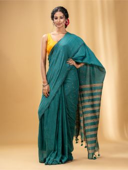CHARUKRITI - All-Over Sequin Sea Green Handwoven Saree Gheecha Stripe Pallu with Unstitched Blouse