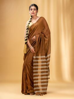 CHARUKRITI - All-Over Sequin Ochre Yellow Handwoven Saree Gheecha Stripe Pallu with Unstitched Blouse