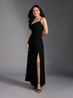 Twenty Dresses by Nykaa Fashion - Black Solid Rhinestone Embellished One Shoulder Gown