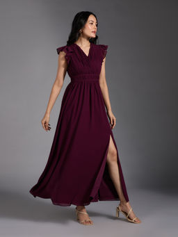Twenty Dresses by Nykaa Fashion - Wine Solid Ruffled Cap Sleeves Front Slit Gown