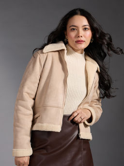 Twenty Dresses by Nykaa Fashion - Ivory Faux Shearling Collar Neck Full Sleeves Suede Jacket