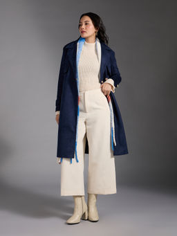 Twenty Dresses by Nykaa Fashion - Navy Blue Lapel Double Breasted Overcoat with Belt (Set of 2)