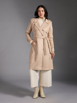 Twenty Dresses by Nykaa Fashion - Ivory Lapel Double Breasted Overcoat with Belt (Set of 2)