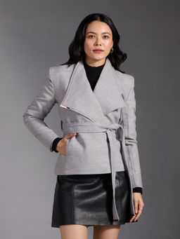 Twenty Dresses by Nykaa Fashion - Dark Grey Solid Double Breasted Broad Lapel Collar Overcoat