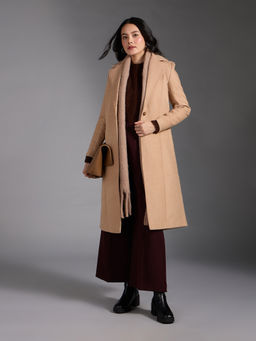 Twenty Dresses by Nykaa Fashion - Beige Solid Lapel Collar Full Sleeves Midi Overcoat