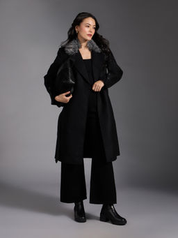 Twenty Dresses by Nykaa Fashion - Black Fur Collar Double Breasted Overcoat with Belt (Set of 2)