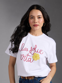 Twenty Dresses by Nykaa Fashion - White Oversized Typography Printed Round Neck T-Shirt