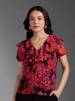 Twenty Dresses by Nykaa Fashion - Multicolor Floral Print V Neck Puff Sleeves Ruffled Top