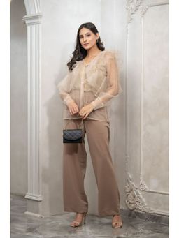 Label Swish - Bloom Beige Organza Ruffle Top and Brown Crepe Pants with Inner (Set of 3)