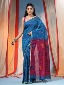 DESH BIDESH - Women's Traditional Blue Printed Saree with Unstitched Blouse