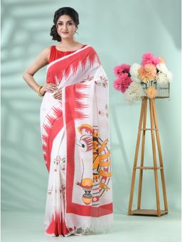 DESH BIDESH - Women's Traditional Red Printed Saree with Unstitched Blouse