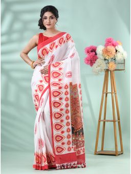 DESH BIDESH - Women's Traditional Red Printed Saree with Unstitched Blouse