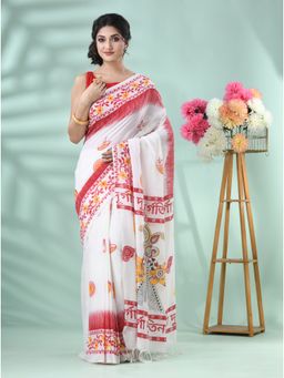 DESH BIDESH - Women's Traditional Red Printed Saree with Unstitched Blouse