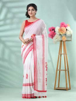 DESH BIDESH - Women's Traditional Red Handloom Floral Saree with Unstitched Blouse