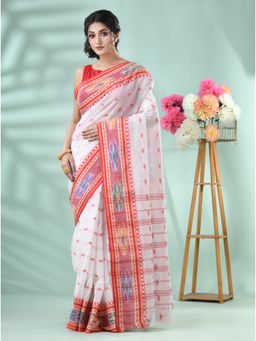 DESH BIDESH - Women's Traditional Red Solid Woven Saree with Unstitched Blouse