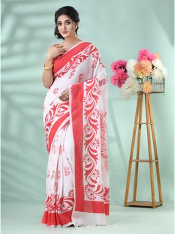 DESH BIDESH - Women's Traditional Red Printed Saree with Unstitched Blouse
