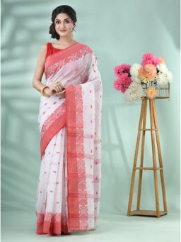 DESH BIDESH - Women's Traditional White Handloom Woven Saree with Unstitched Blouse