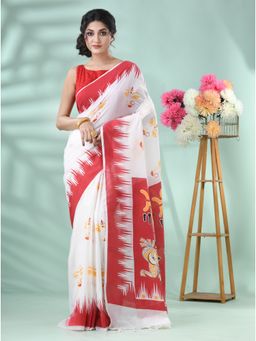 DESH BIDESH - Women's Traditional Red Printed Saree with Unstitched Blouse