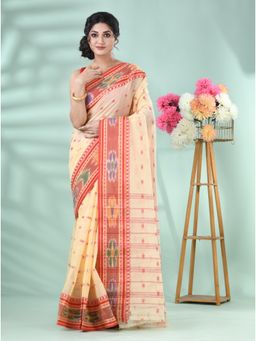 DESH BIDESH - Women's Traditional Cream Solid Woven Saree with Unstitched Blouse