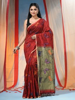 DESH BIDESH - Women's Traditional Red Printed Saree with Unstitched Blouse