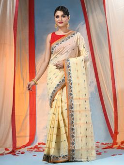 DESH BIDESH - Women's Traditional Cream Handloom Woven Saree