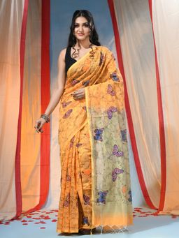 DESH BIDESH - Women's Traditional Yellow Printed Saree with Unstitched Blouse