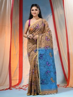 DESH BIDESH - Women's Traditional Blue Printed Saree with Unstitched Blouse