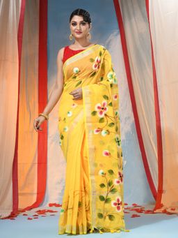 DESH BIDESH - Women's Yellow Handloom Floral Saree with Unstitched Blouse