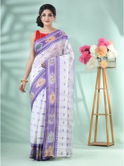 DESH BIDESH - Women's Traditional Blue Solid Woven Saree with Unstitched Blouse