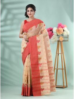DESH BIDESH - Women's Traditional Cream Handloom Woven Saree