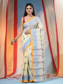 DESH BIDESH - Women's Traditional Cream Handloom Woven Saree