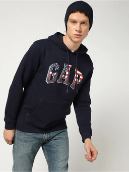 GAP - Navy Blue Men's Graphic Print Relaxed Hooded Sweatshirt