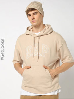 GAP - Biege Men's Logo Print Hooded Full Sleeve Sweatshirt