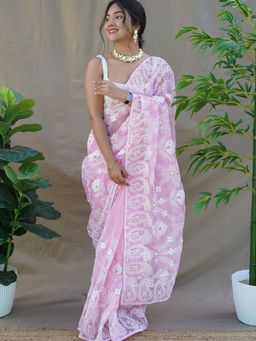 Odette - Pink Embroidered Organza Silk Saree with Unstitched Blouse