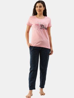 Kryptic - Women Pink & Teal Blue Pure Cotton Printed T-shirt And Pyjama (Set of 2)