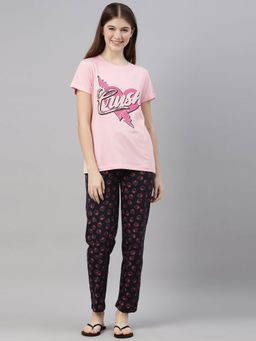 Kryptic - Women Pink & Black Printed Pure Cotton Night Suit (Set of 2)