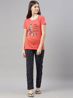 Kryptic - Women Coral & Black Printed Pure Cotton Night Suit (Set of 2)